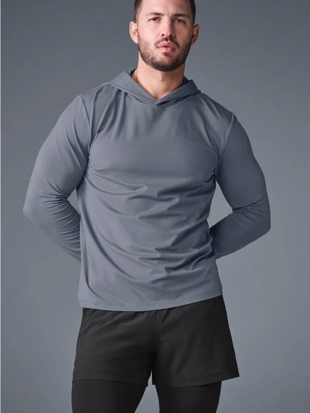 ALO Yoga Conquer Reform Long Sleeve with Hood Steel Gray Mens Hoodie